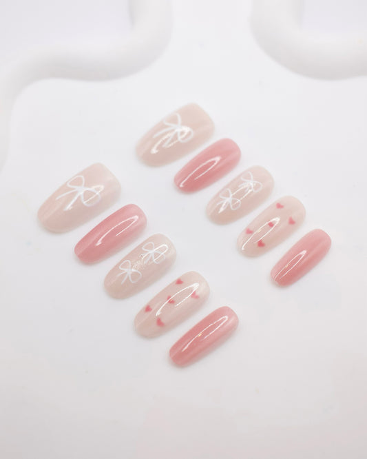 Mid-Long Almond Pink Bow Tie Press On Nails