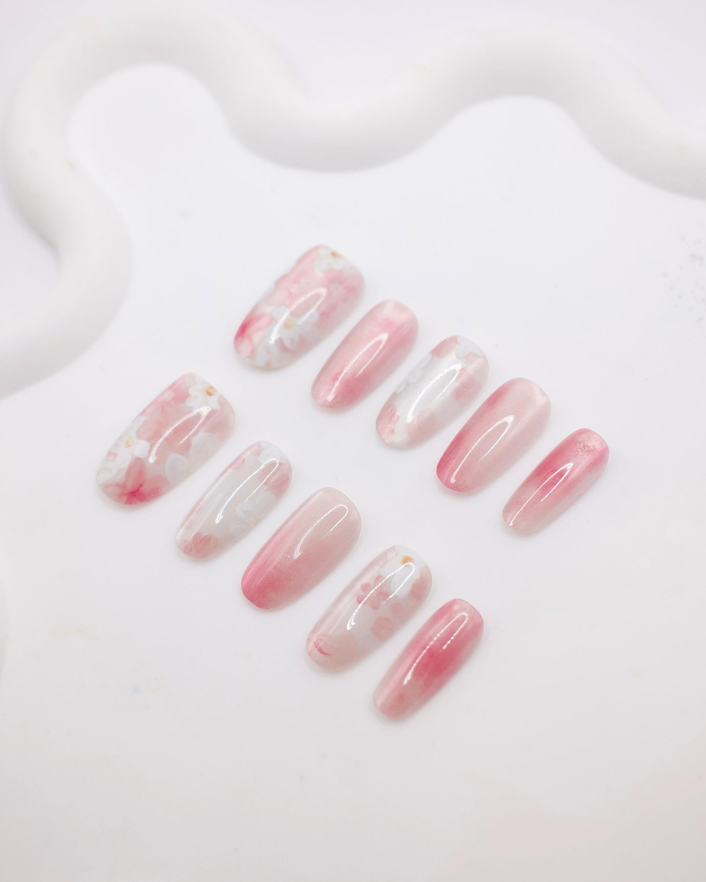 Mid-Long Almond Pink Blush Flower Press On Nails