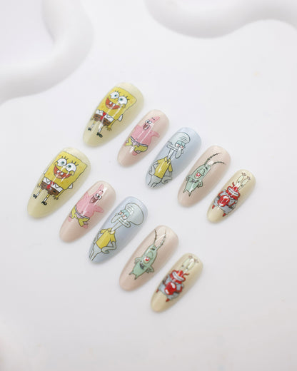 Long Almond Colorful Spongebob Press On Nails