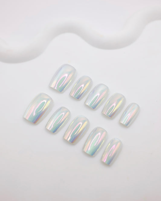 Mid-Long Coffin Electroplating Pearl White Press On Nails