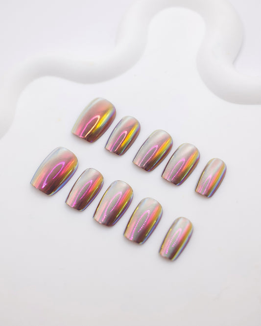 Short Coffin Electroplating Purple Rainbow Press On Nails