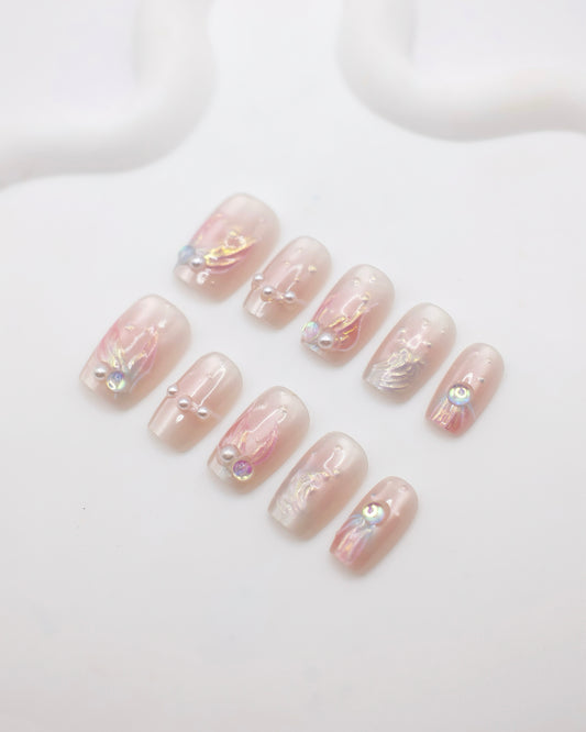 Short Coffin Pink Embossed Mermaids WIth Pearl Press On Nails