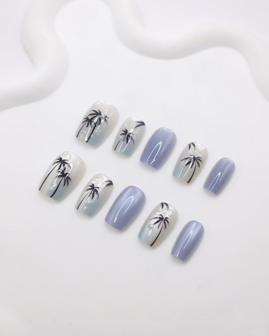 Short Coffin Blue Cocos Press On Nails