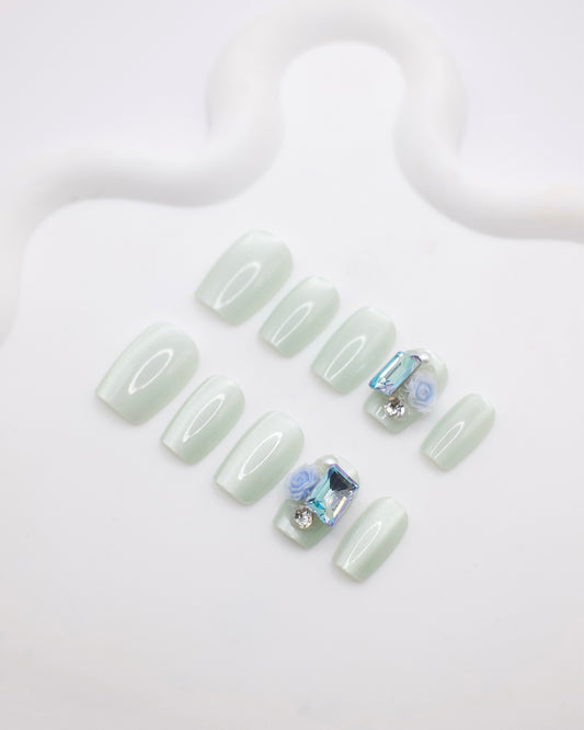 Short Coffin Cateye Jade Green 3D Pearl & Flower Press On Nails