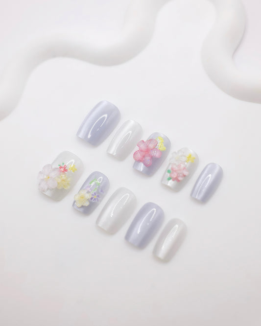 Short Coffin Cateye White 3D Flower Press On Nails