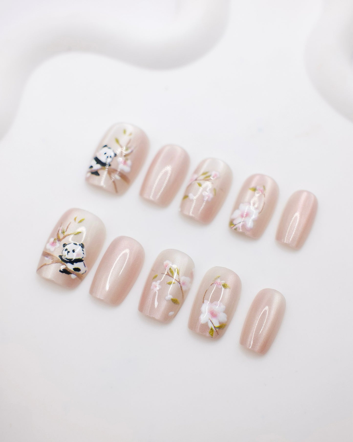 Short Coffin Pink Cute Panda WIth Flower Press On Nails