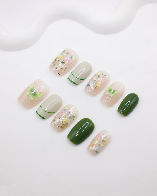 Short Coffin Pink & Green Flower WIth Butterfly Press On Nails