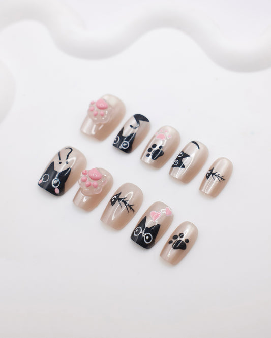 Short Coffin Pink & 3D Meow Paw Press On Nails