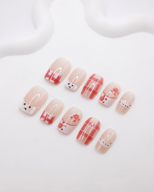 Short Coffin Pink & Red Cute Kitty Press On Nails