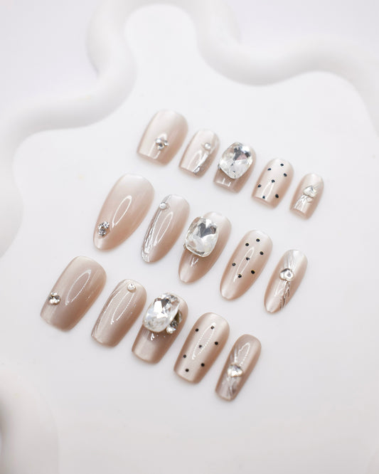 Short Coffin Nude Color Polka Dot & Diamond Press On Nails