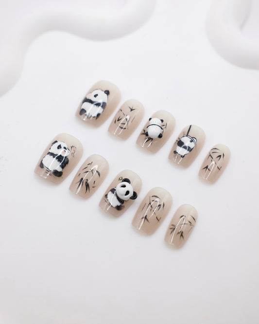 Short Coffin Nude Color Panda & Bamboo Press On Nails