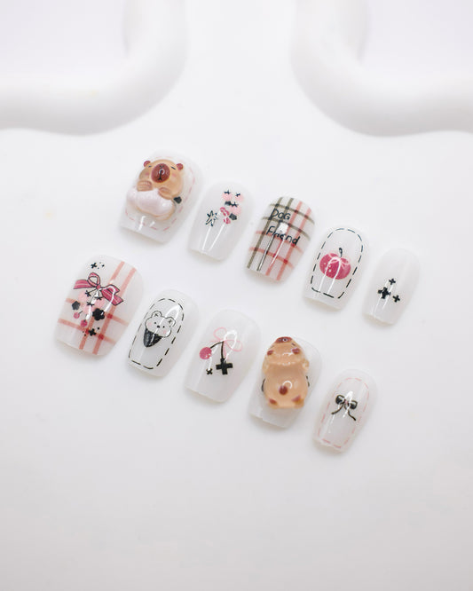 Short Coffin Colorful Bow Tie & 3D Capybara Press On Nails