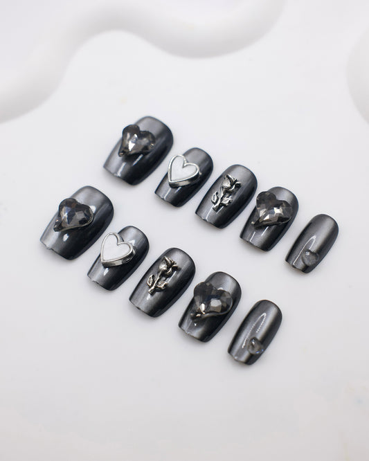 Short Coffin Black 3D Love Heart & Love Heart Press On Nails