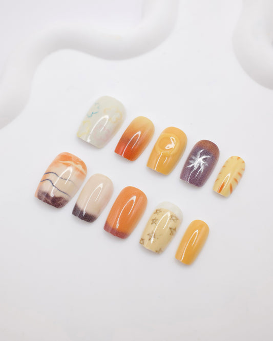 Short Coffin Orange On The Beach Press On Nails