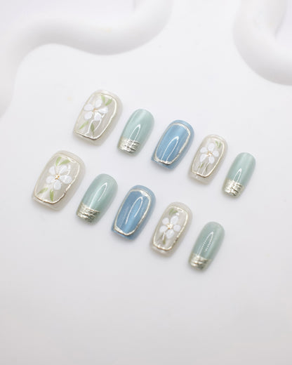 Short Coffin White & Blue Embossed Flower Press On Nails