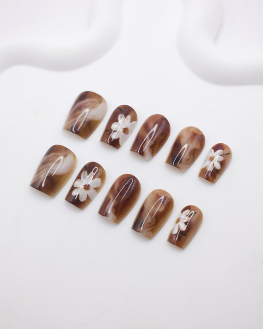 Short Coffin Cateye Brown Latte Flower Press On Nails