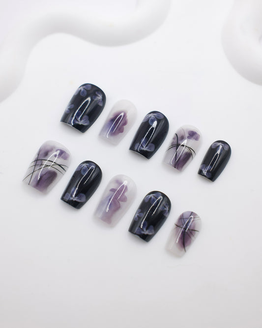 Short Coffin Black & Purple Flower Press On Nails