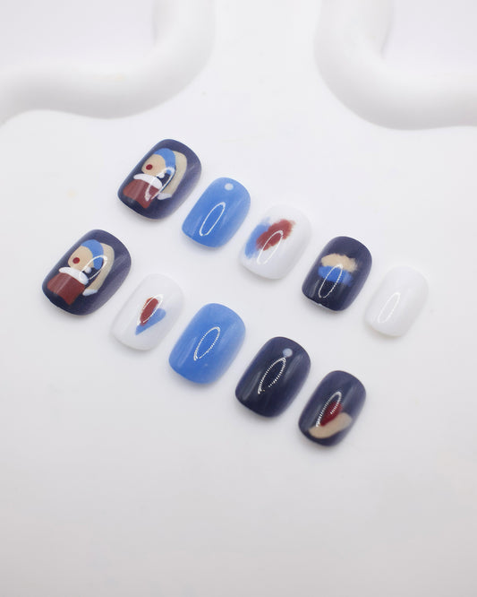 Short Rounded Blue Girl with a Pearl Earring Press On Nails