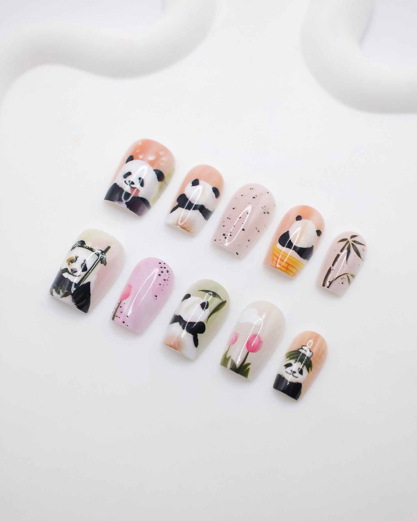 Short Coffin Pink & Panda With Bamboo Press On Nails