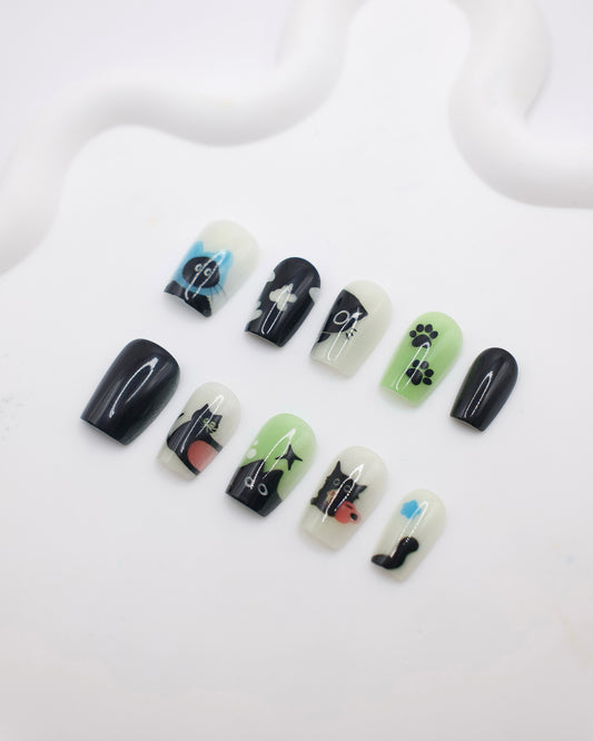 Short Coffin Colorful Black Cat Press On Nails