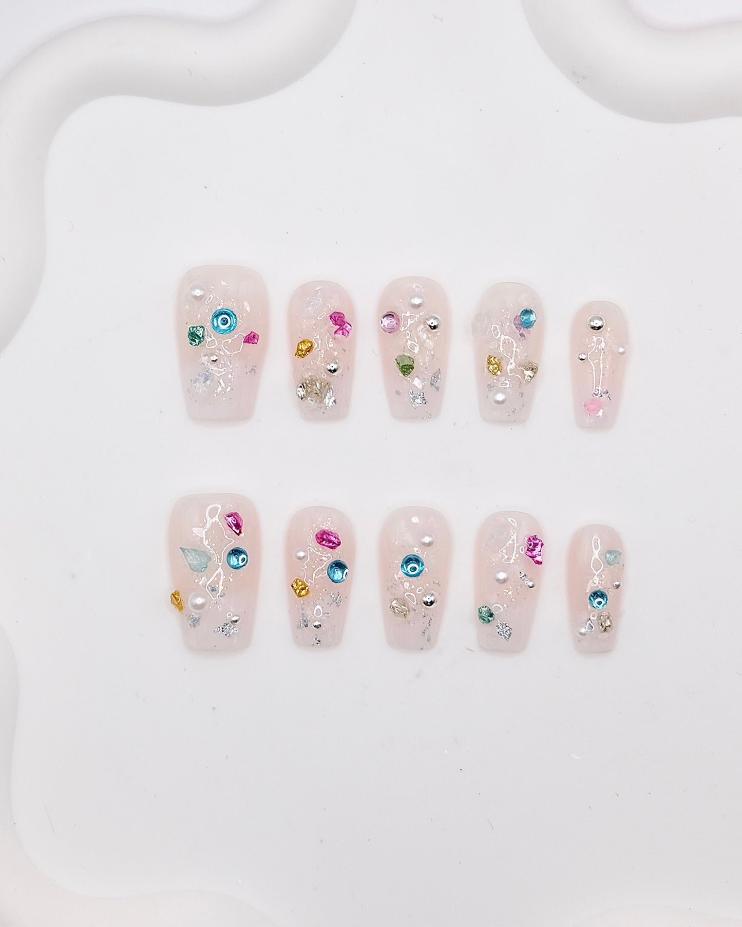 Mid-Long Coffin Pink Cateye Colorful Gem Press On Nails