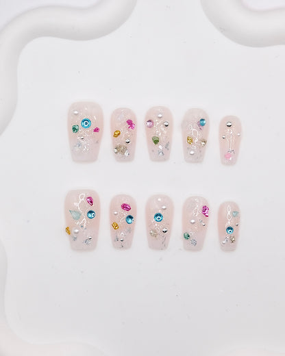 Mid-Long Coffin Pink Cateye Colorful Gem Press On Nails