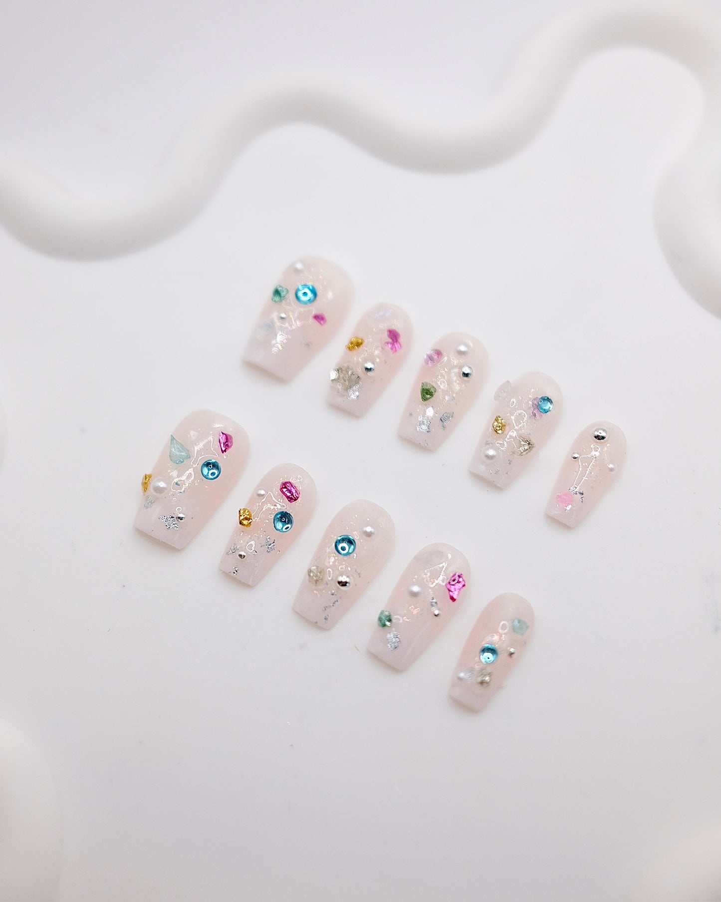 Mid-Long Coffin Pink Cateye Colorful Gem Press On Nails