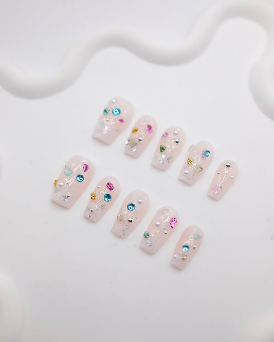 Mid-Long Coffin Pink Cateye Colorful Gem Press On Nails
