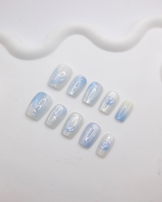 Short Coffin Blue & White Cateye Mermaid Press On Nails