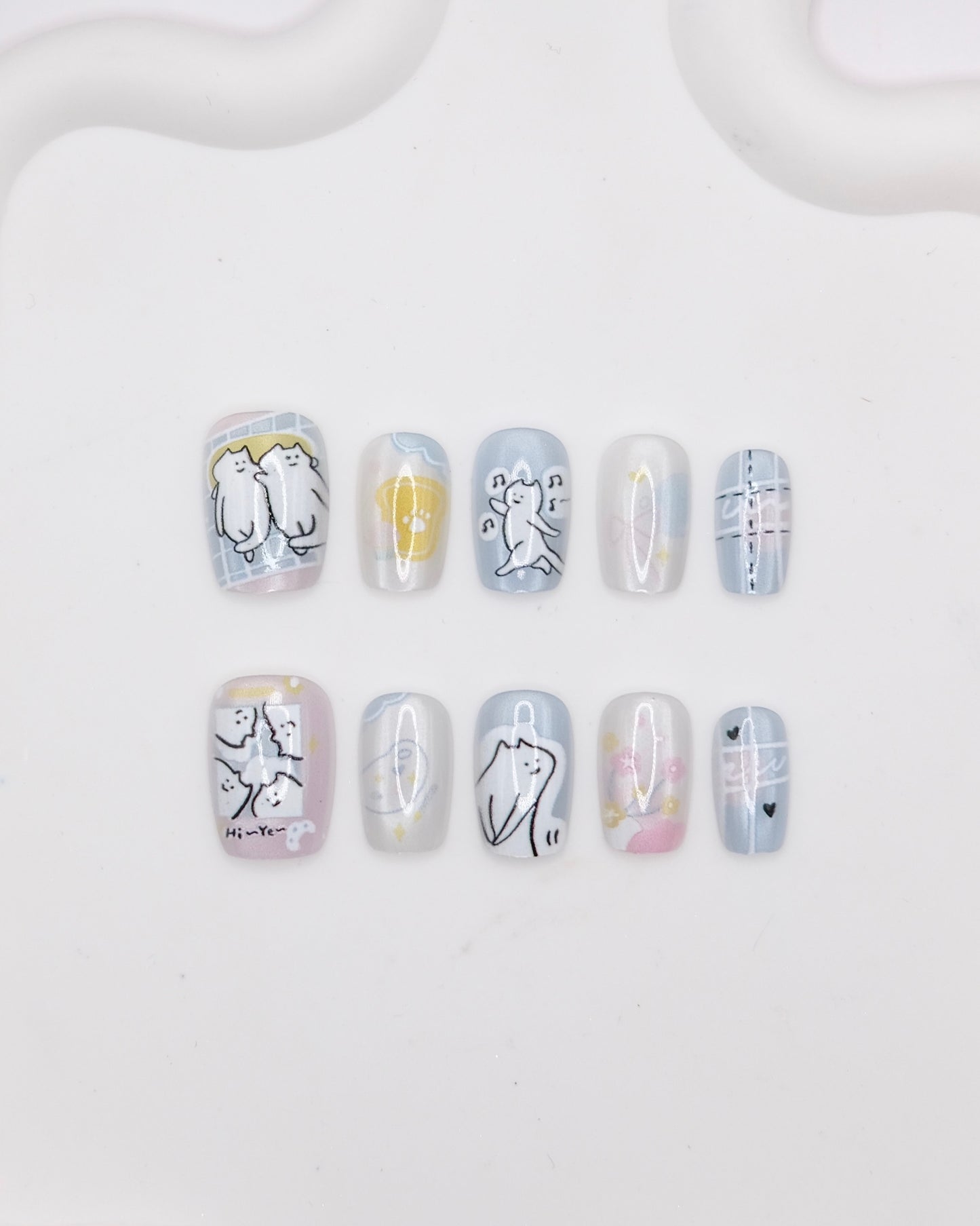 Short Coffin Light Blue & White Naughty Cat Press On Nails