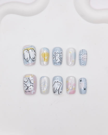 Short Coffin Light Blue & White Naughty Cat Press On Nails