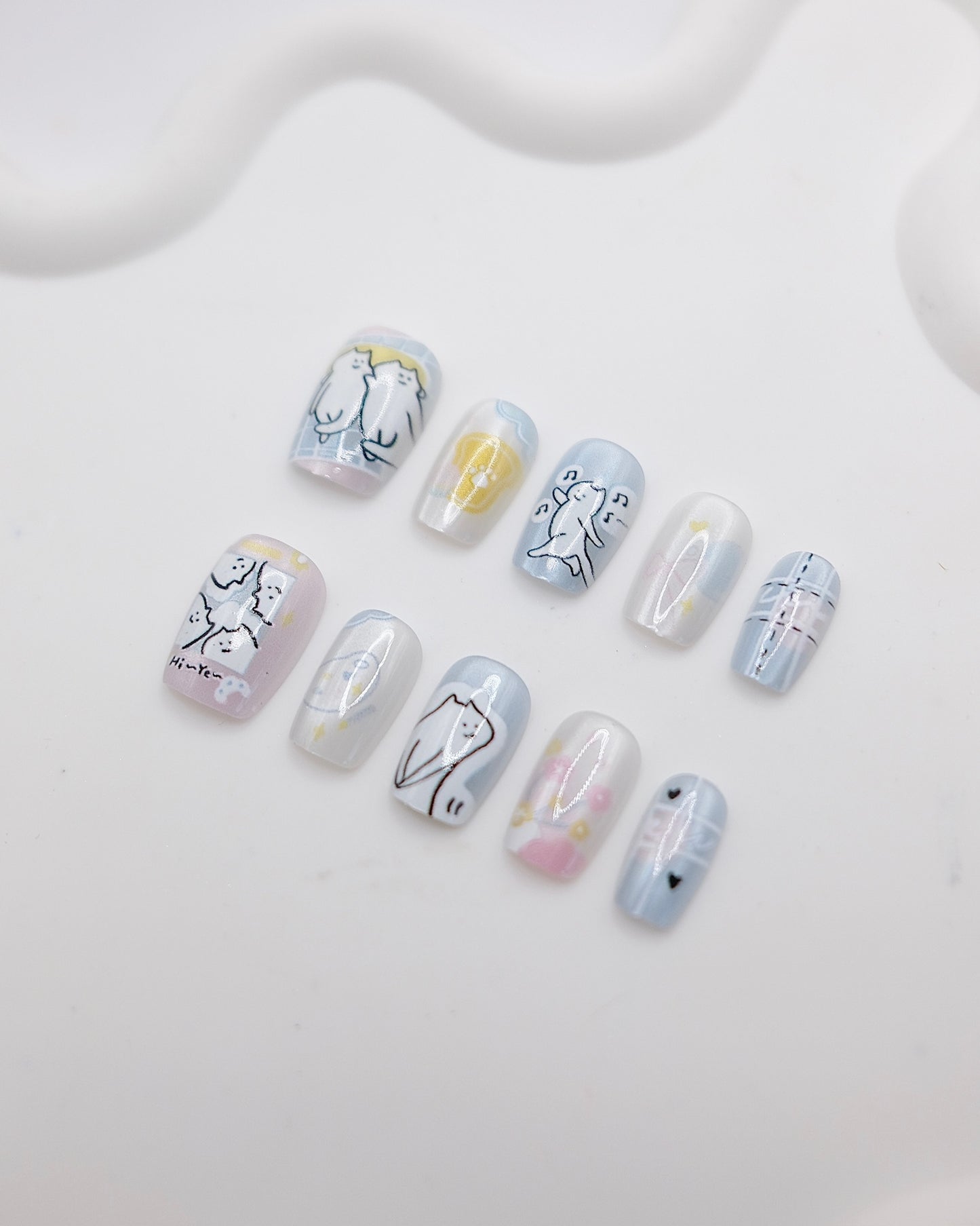 Short Coffin Light Blue & White Naughty Cat Press On Nails