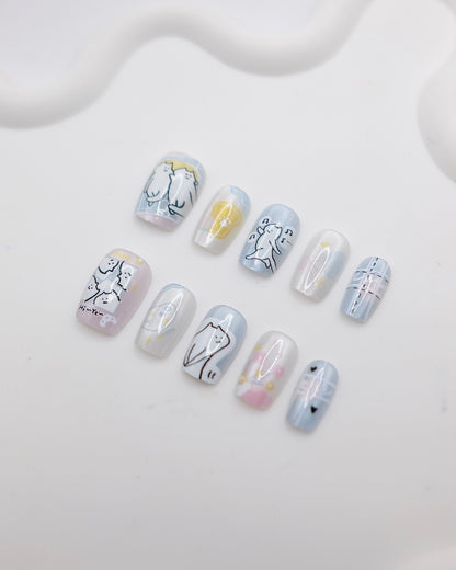 Short Coffin Light Blue & White Naughty Cat Press On Nails