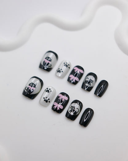 Short Coffin Black Cat & Bowtie Press On Nails