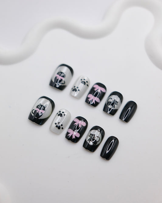 Short Coffin Black Cat & Bowtie Press On Nails