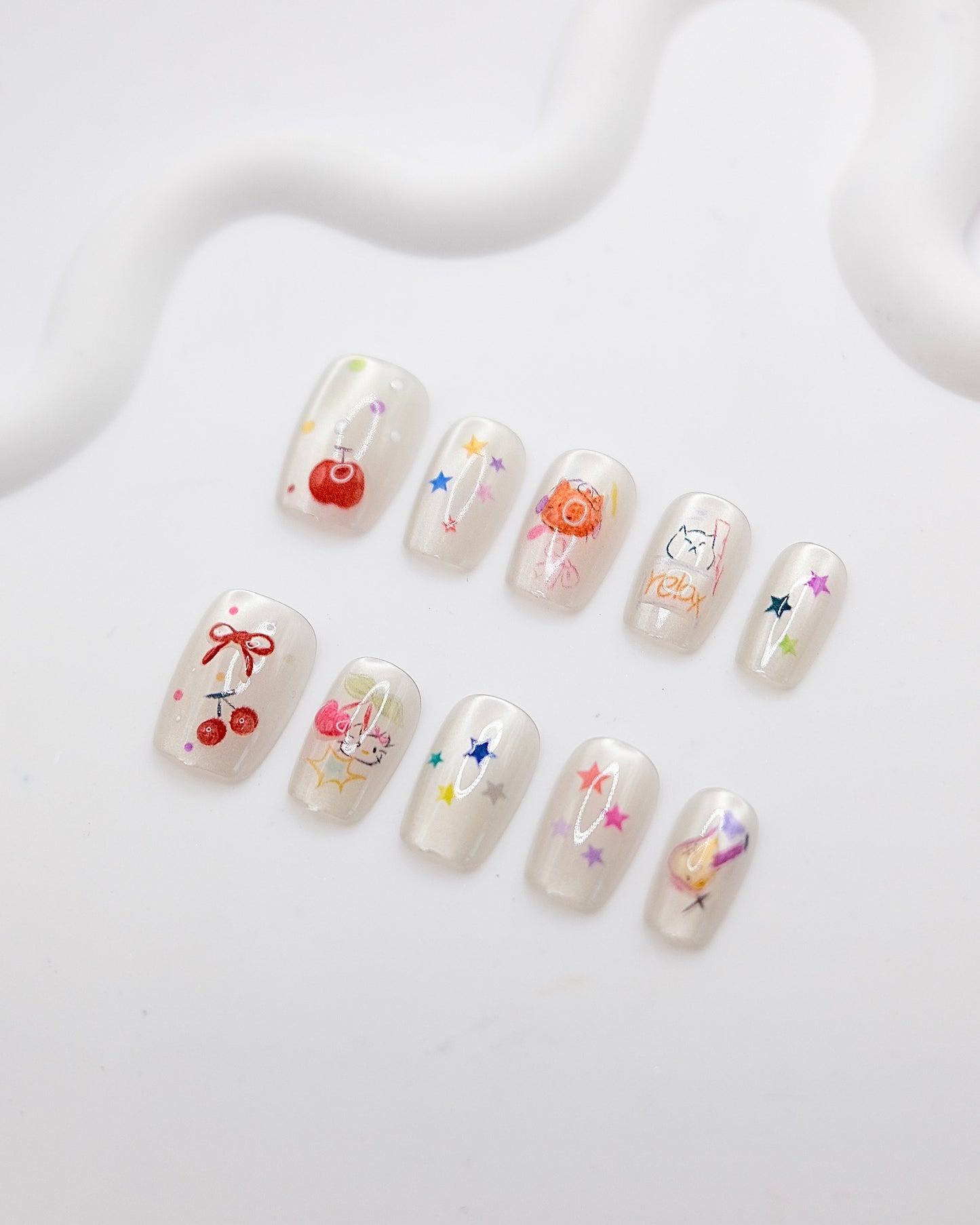 Short Coffin White & Kitty With Cherry Press On Nails
