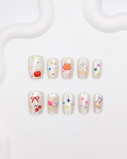 Short Coffin White & Kitty With Cherry Press On Nails