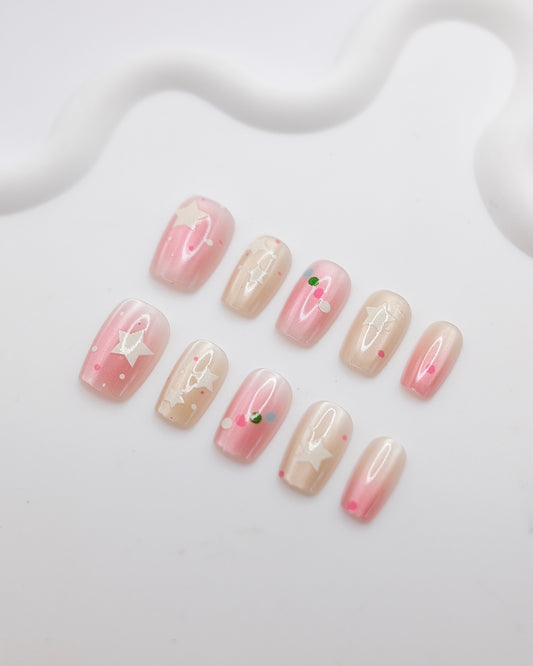 Short Coffin Pink & Nude Stary Star Press On Nails