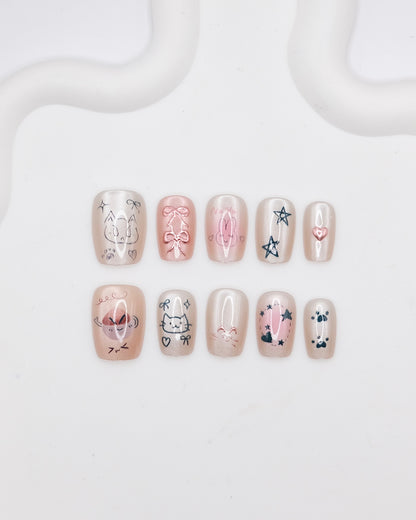 Short Coffin Nude Color Pink Bowtie Cat Press On Nails