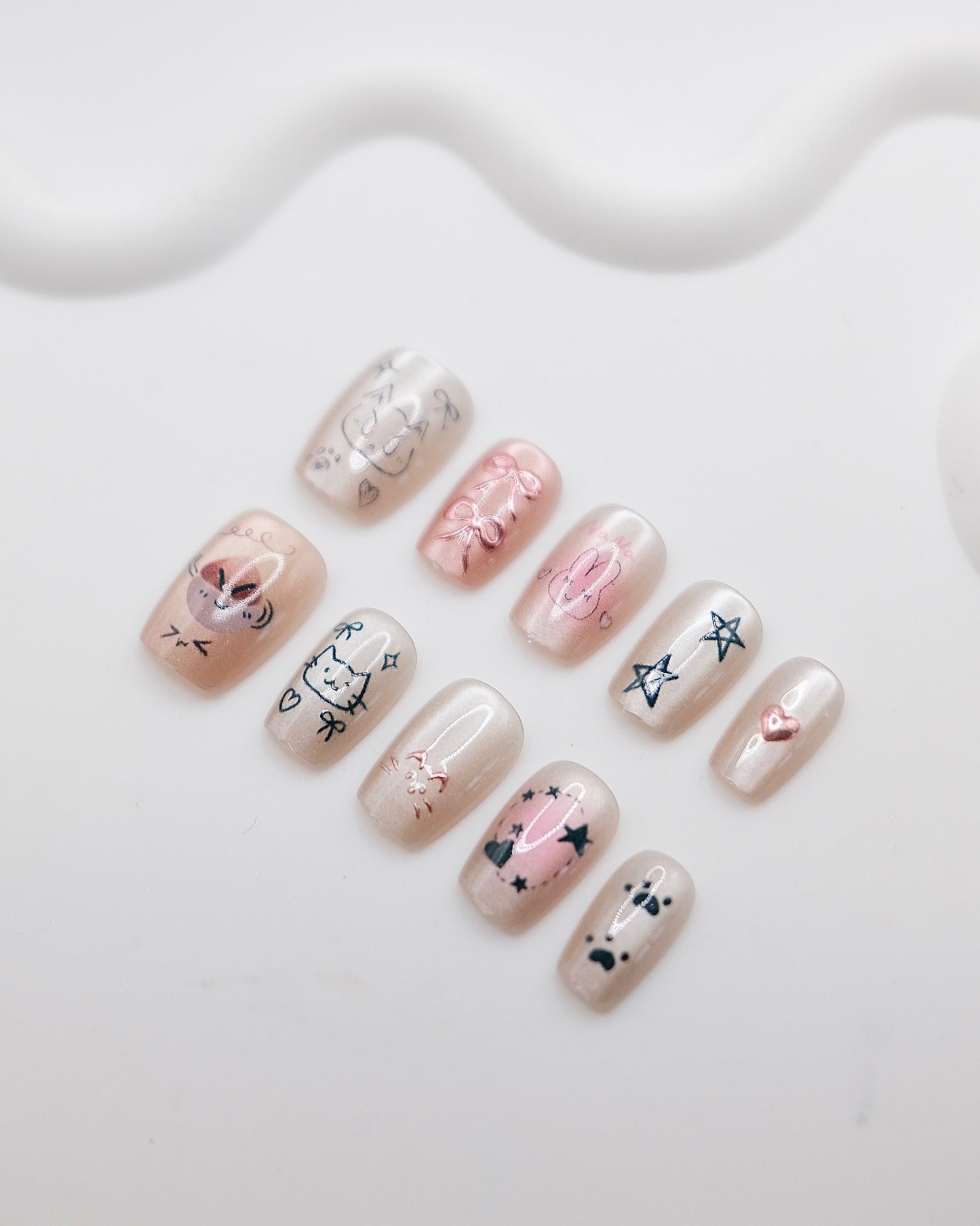 Short Coffin Nude Color Pink Bowtie Cat Press On Nails