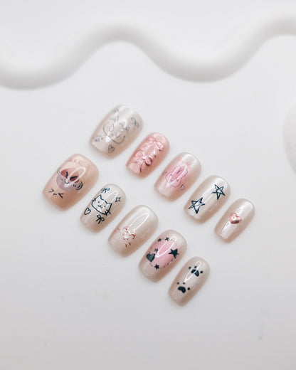 Short Coffin Nude Color Pink Bowtie Cat Press On Nails