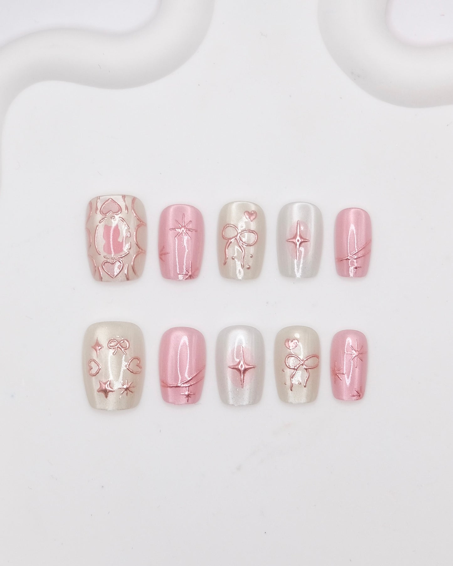Short Coffin Pink & Nude Dreamy Bowtie Press On Nails