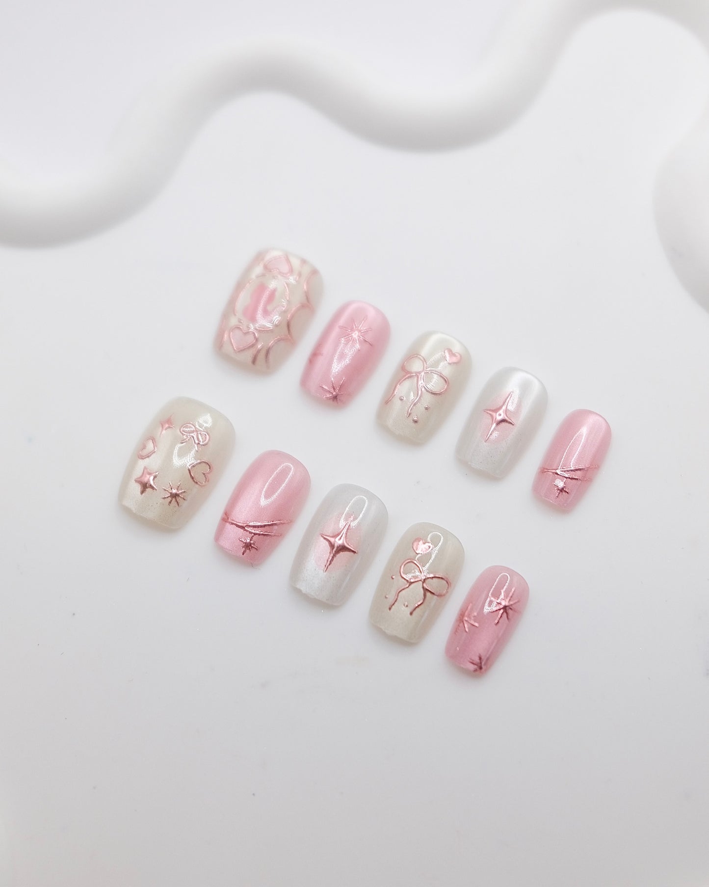 Short Coffin Pink & Nude Dreamy Bowtie Press On Nails