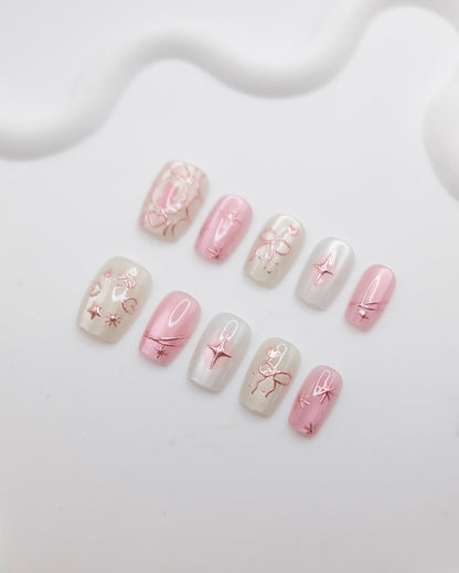 Short Coffin Pink & Nude Dreamy Bowtie Press On Nails