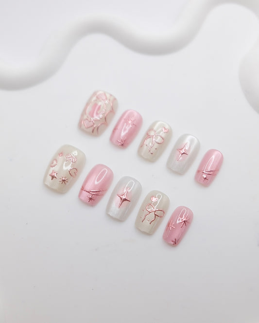 Short Coffin Pink & Nude Dreamy Bowtie Press On Nails