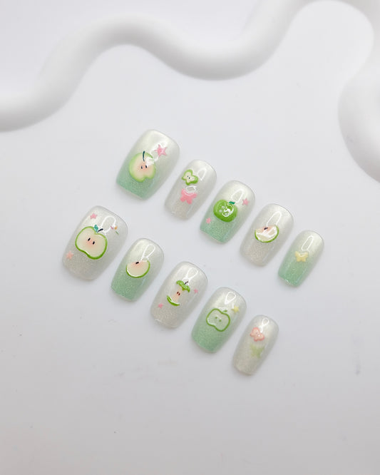 Short Coffin Green Apple Summer Time Press On Nails