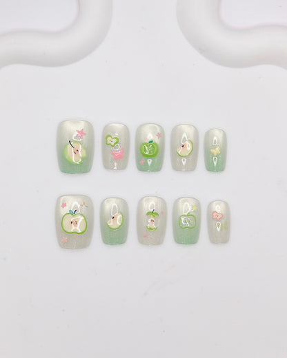 Short Coffin Green Apple Summer Time Press On Nails