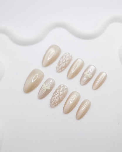 Mid-Long Almond Cateye 3D Bowtie Press On Nails