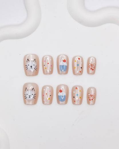 Short Coffin Nude Color Cute Kitty & Cupcake Press On Nails