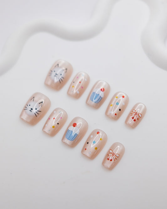 Short Coffin Nude Color Cute Kitty & Cupcake Press On Nails